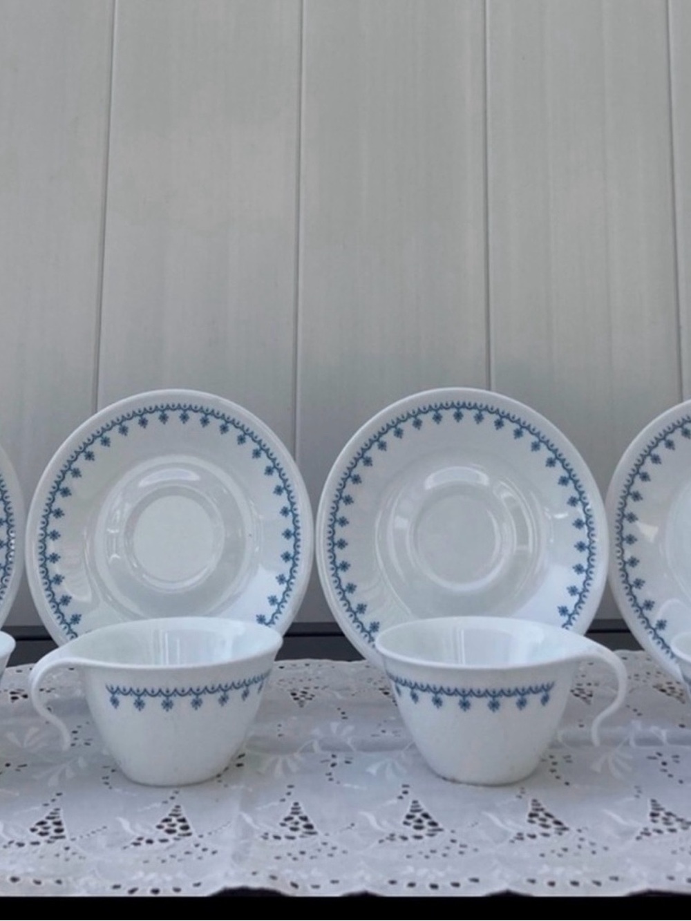 Corelle Snowflake Garland Tea Cups and Saucers, Vintage 1970;era